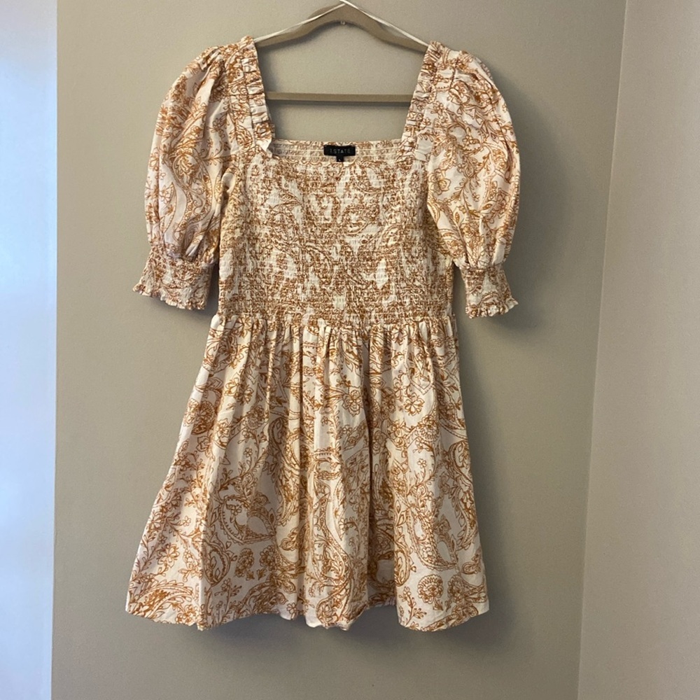 1 State Paisley Square Neckline Smocked Bust Puff-Sleeves  Mini Dress size Large